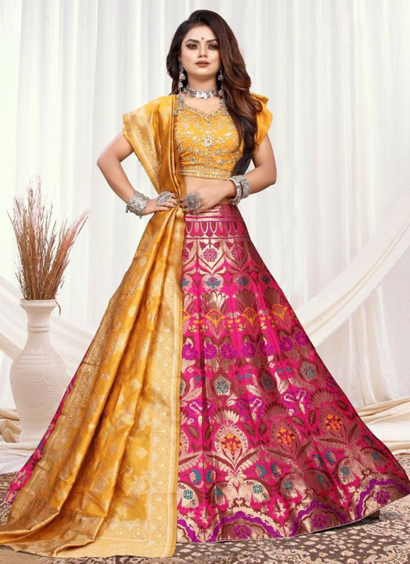 Pink And Yellow Colour Rama Raazi New Designer Ethnic Wear Exclusive Lehenga Choli Collection 11028